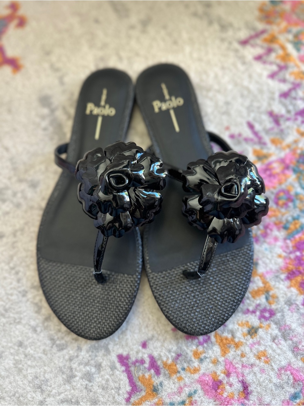 Paolo Black Patent Floral Thong Sandals
